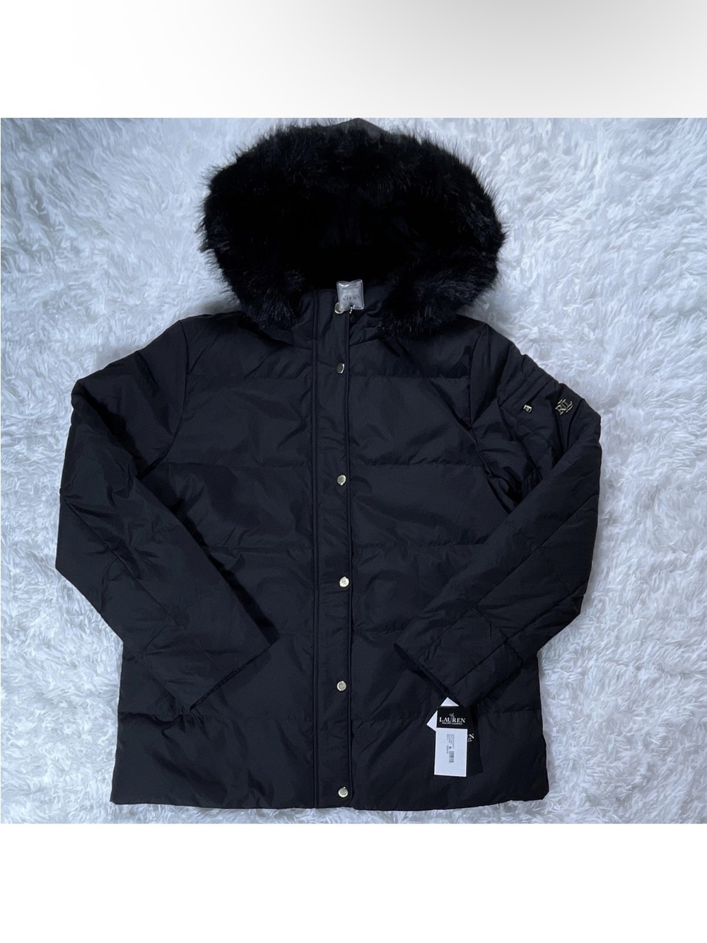 $325 Lauren Ralph Lauren Black Quilted Puffer with Faux Fur-Trim Hood sz XL NWT